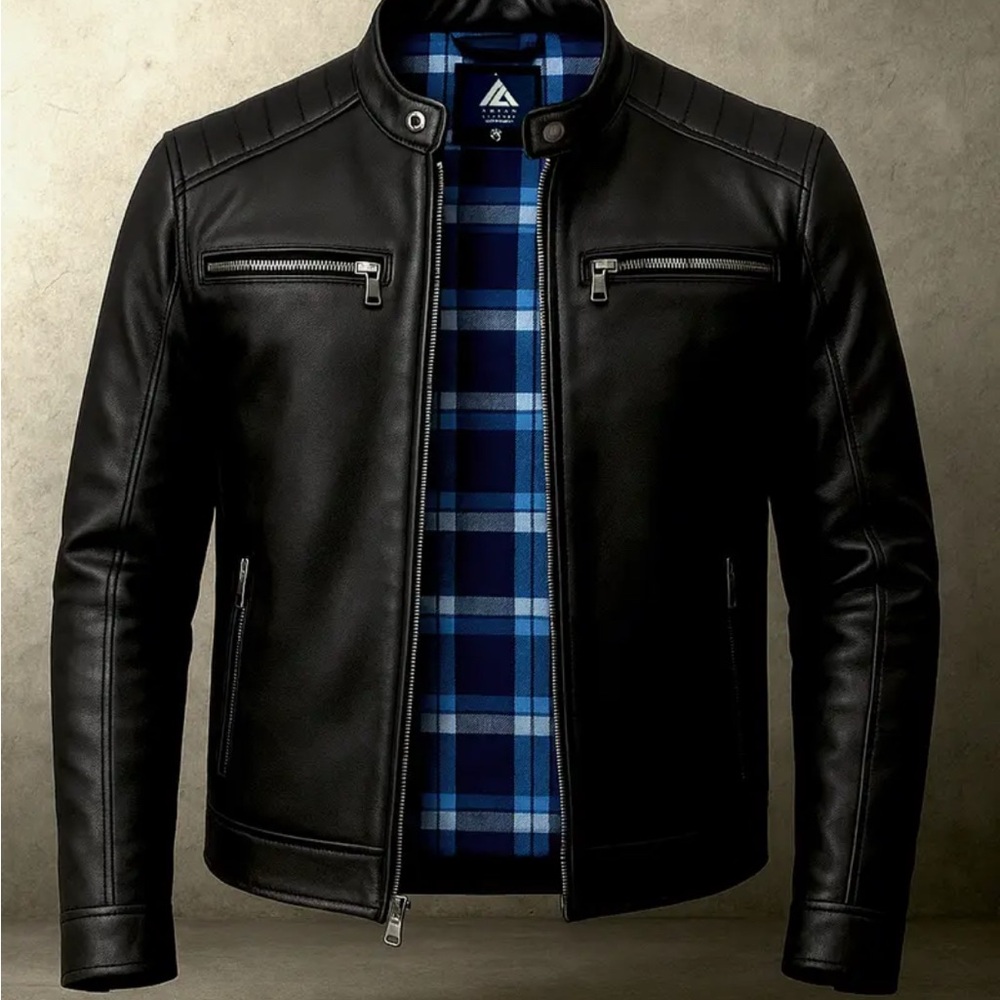 Men’s Genuine Sheep Leather Jacket –Quilted Shoulders, Stand Collar, Slim Fit